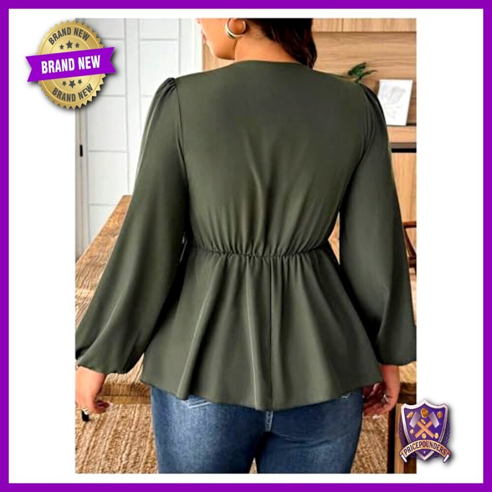 Plus Size Lace Blouse Deep V Neck Long Sleeve Peplum Ruffle Hem Tops - Picture 2 of 5